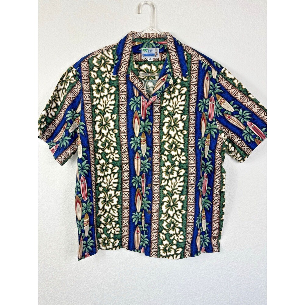 Vintage RJC Hawaiian Shirt XL Surf Board Made in USA Cotton Aloha Floral Camp